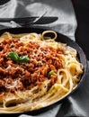 Traditional pasta spaghetti bolognese in a frying pan Royalty Free Stock Photo