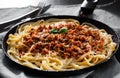 Traditional pasta spaghetti bolognese in a frying pan Royalty Free Stock Photo