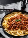 Traditional pasta spaghetti bolognese in a frying pan Royalty Free Stock Photo