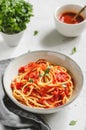 Traditional pasta with tomato and Greek basil sauce Royalty Free Stock Photo
