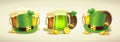 Traditional Patrick`s day elements set, leprechaun hat, beer mug, beer barrel, coins, clover leaf