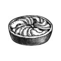 Traditional peaches pie sketch. Vector illustration of ink hand drawn fruit and berry baking. Homemade peach cake drawing. Sweet