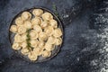 Traditional pelmeni, ravioli, dumplings filled with meat on plate, banner, menu, recipe place for text, top view Royalty Free Stock Photo