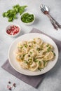 Traditional pelmeni, ravioli, dumplings filled with meat on plate, russian kitchen