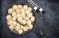 Traditional pelmeni, ravioli, dumplings with meat on a dark background. banner, menu, recipe place for text, top view Royalty Free Stock Photo