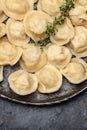 Traditional pelmeni, ravioli, dumplings with meat on a dark background. banner, menu, recipe place for text, top view Royalty Free Stock Photo