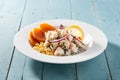 Traditional peruvian ceviche with fish, sweet potato, corn and vegetables Royalty Free Stock Photo