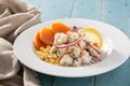 Traditional peruvian ceviche with fish, sweet potato, corn and vegetables Royalty Free Stock Photo