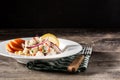 Traditional peruvian ceviche with fish, sweet potato, corn and vegetables Royalty Free Stock Photo