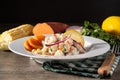 Traditional peruvian ceviche with fish, sweet potato, corn and vegetables Royalty Free Stock Photo