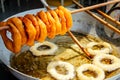 Traditional peruvian Dessert: Picarones Made whit Sweet potato and wheat flour.