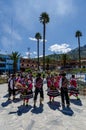 Yungay, Peru, July 18, 2014: traditional Peruvian party and dances with colorful costumes in the central square of the town,