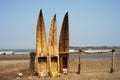 Traditional Peruvian small Reed Boats (Caballitos de Totora), straw boats still used by local fishermens in Peru Royalty Free Stock Photo