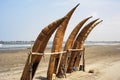 Traditional Peruvian small Reed Boats (Caballitos de Totora), straw boats still used by local fishermens in Peru Royalty Free Stock Photo