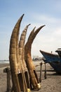 Traditional Peruvian small Reed Boats (Caballitos de Totora), straw boats still used by local fishermens in Peru Royalty Free Stock Photo