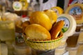 Traditional Peruvian smoked cheese in a market stall in the city of Cusco. Royalty Free Stock Photo