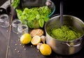 Traditional pesto sauce. Fresh homemade pesto sauce close-up and food ingredients for making pesto. Royalty Free Stock Photo