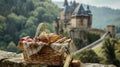 A traditional picnic basket filled with bread cheese cured meats and gs sits atop a stone wall overlooking a beautiful