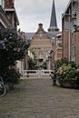 Traditional Picturesque cobblestone street in the Netherlands with a bicycle against a planter with hydrangeas