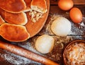 Traditional pies with cabbage. Dough, rolling pin and pastry