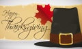 Traditional Pilgrim Hat with Scroll and Maple Leaf for Thanksgiving, Vector Illustration