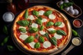 Traditional Pizza Margherita with olive oil. Italian homemade pizza with mozzarella and basil leaves. Generative AI