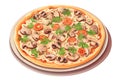 Traditional Pizza with mushrooms and white sauce in flat style isolated on white background.