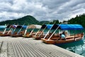 Traditional Pletna Boats and Boatmen Waiting at the Dock for Passengers