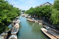 Traditional poled boat, parked at deck in Yanagawa,Jap Royalty Free Stock Photo