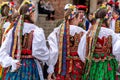 Traditional Polish Folk Costumes on parade in Krakow Main Market Square Royalty Free Stock Photo