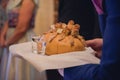 Traditional polish greeting the bride and groom by the parents with bread and salt. Vodka also in glasses Royalty Free Stock Photo