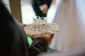 Traditional polish greeting the bride and groom by the parents with bread and salt. Vodka also in glasses Royalty Free Stock Photo