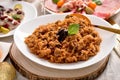 Traditional Polish sauerkraut stew with mushrooms, meat and tomatoes for Christmas dinner