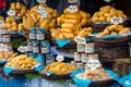 Traditional polish smoked cheese oscypek on christmas market in