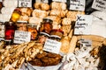 Traditional polish smoked cheese oscypek on outdoor market in Zakopane