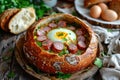 traditional polish soup. zurek with sausage, egg served in bread bowl