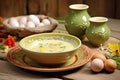Traditional Polish sour soup Zurek in ceramic bowl on rustic wooden background