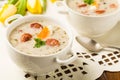 Traditional Polish white borsch with Easter decoration Royalty Free Stock Photo