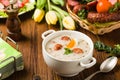 Traditional Polish white borsch with Easter decoration Royalty Free Stock Photo