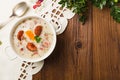 Traditional Polish white borsch with Easter decoration Royalty Free Stock Photo