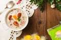 Traditional Polish white borsch with Easter decoration Royalty Free Stock Photo