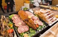 Traditional pork grilled at the Budapest Christmas Market in Vorosmarty square, Hungary