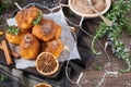 Traditional portuguese Christmas sweets Sonhos with sugar and cinnamon on kitchen countertop Royalty Free Stock Photo