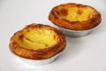 Traditional Portuguese custard pastry called a pasteis de nata isolated on white background