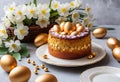 A traditional Portuguese Easter cake with golden eggs and flowers on a table Royalty Free Stock Photo