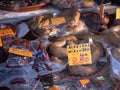 Traditional Portuguese sausages and alheiras in a store window in Porto