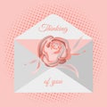 Traditional postal envelope with romantic wish. Image of flowers of roses and hearts. Vector drawing for design of messages, cards