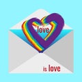 Traditional postal envelope with wish. Shape of heart is painted with in rainbow color watercolor brush on blue background. Text Royalty Free Stock Photo