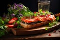 Traditional preppy lunch made at home. baguette stuffed with fresh vegetables and fish.