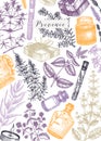 Traditional Provence herbs design . Hand-sketched aromatic and medicinal plants template. For cosmetics, perfumery, soap, candle